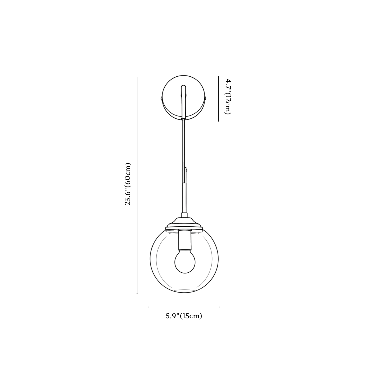 Clérachic wall sconce dimension drawing, 2, every measurement marked in centimetres and inches.