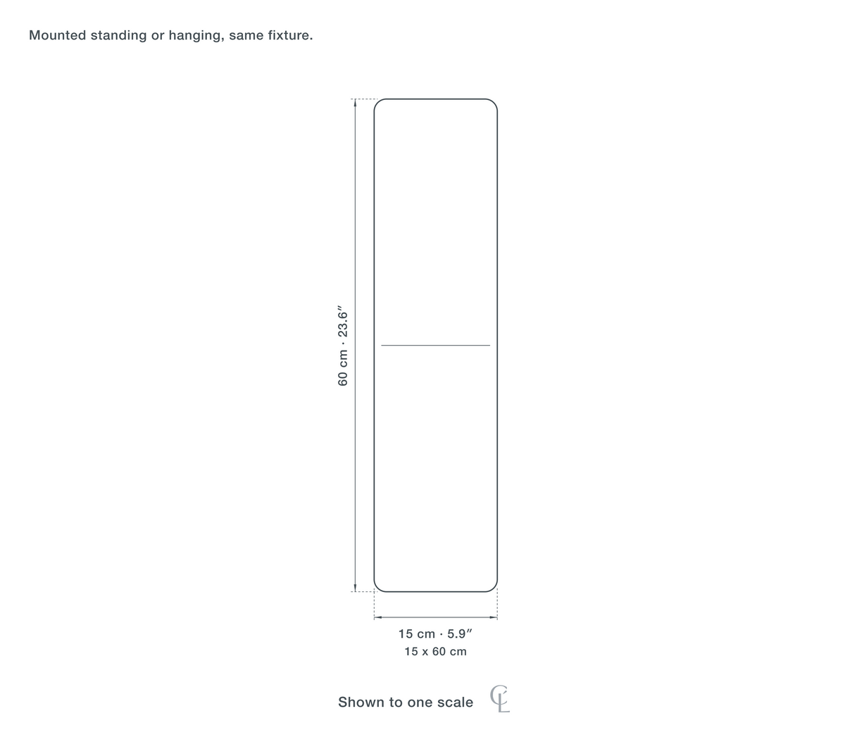 Technical dimension drawing of the Glass Wall Sconce for Hallway, Amber or Clear, 15 to 60 cm — 15 × 60 cm (5.9 × 23.6″), drawn to scale.