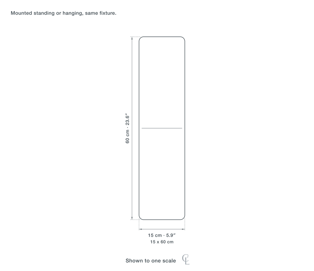 Technical dimension drawing of the Clérachic Glass Wall Sconce for Hallway, Amber or Clear, 15 to 60 cm — 15 × 60 cm (5.9 × 23.6″), drawn to scale.