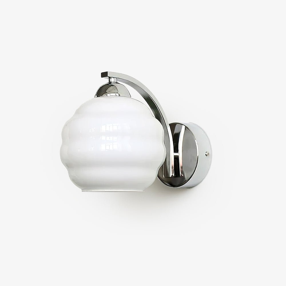 Angled studio shot of the Clérachic chrome wall sconce and white ribbed lantern shade, unlit on white.