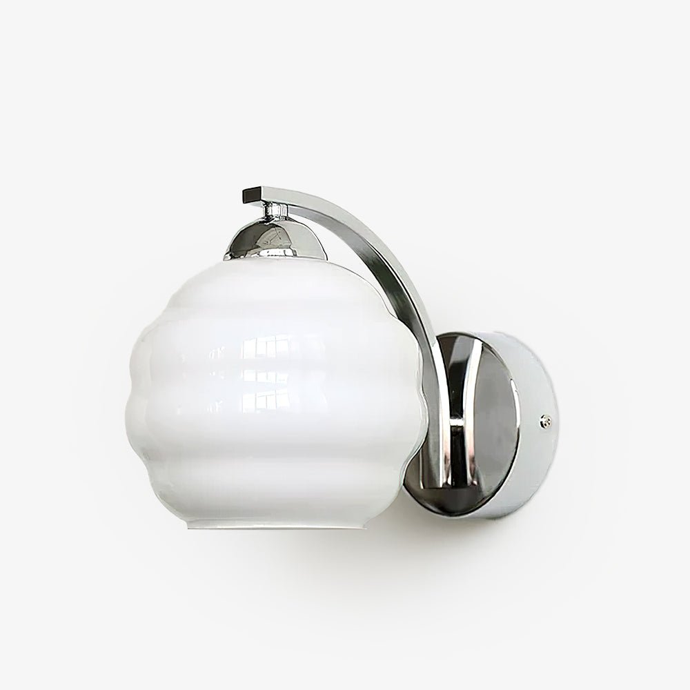 Side-on Clérachic chrome wall sconce with a white lantern shade, the arched arm and open glass clearly shown.