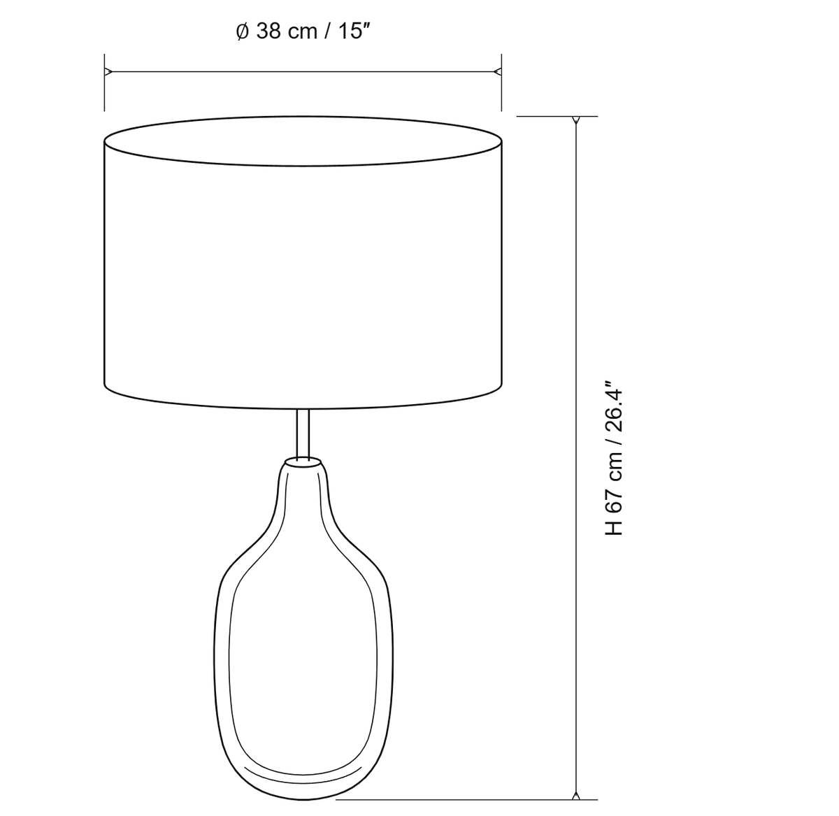 Second dimension drawing of this Clérachic table lamp, with its height and shade diameter marked.