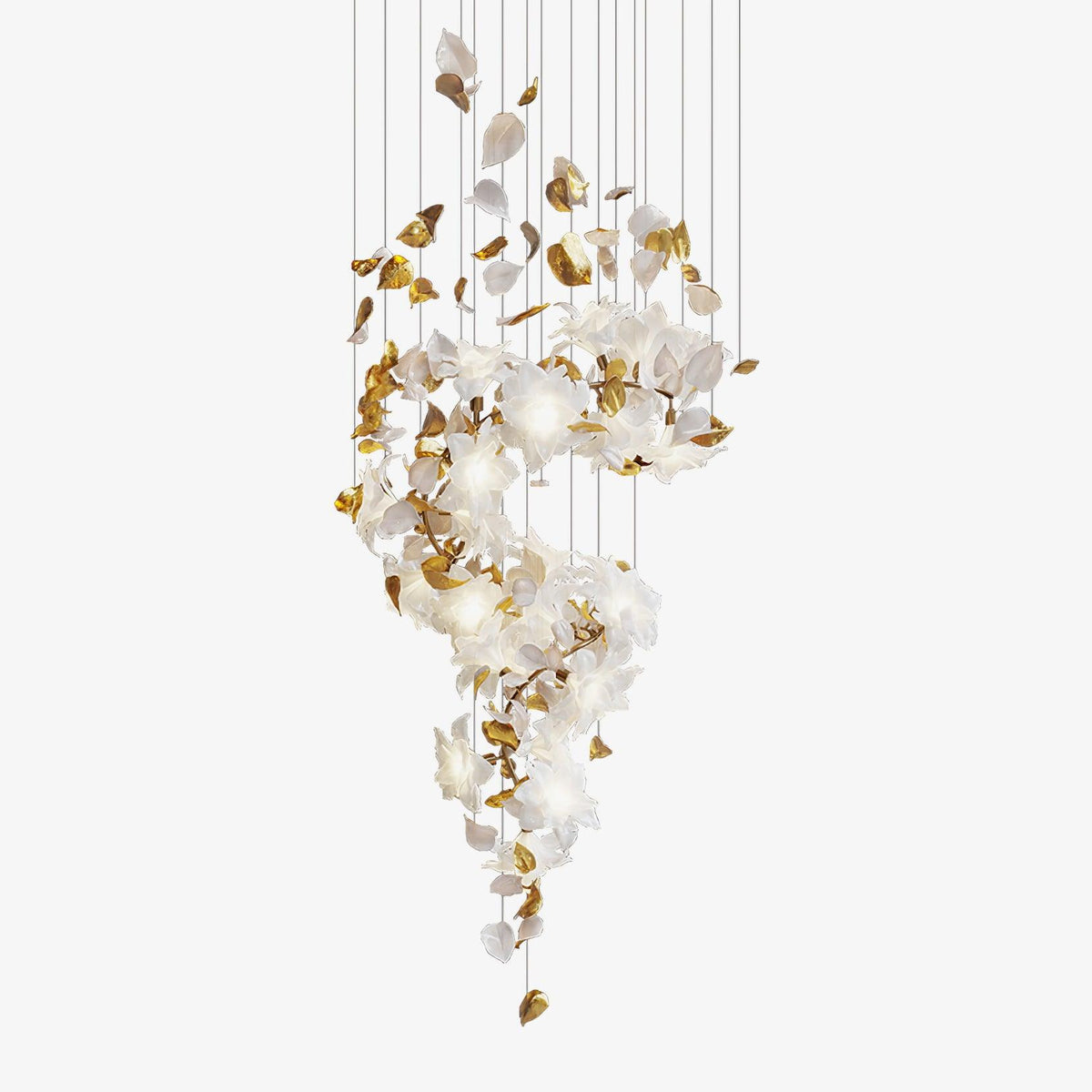 Tall Clérachic chandelier on a plain white backdrop, white glazed petals and brass leaves trailing in an S-curve on fine hanging cords.