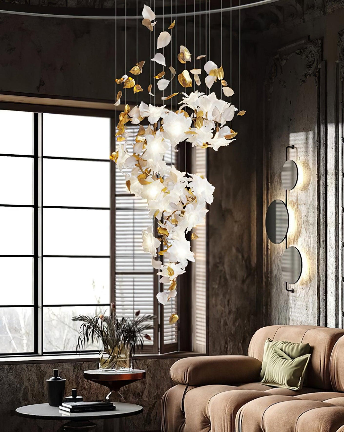 By a tall paned window and a tan sofa, this Clérachic chandelier trails an S of white petals and gold leaves against a rough dark wall.
