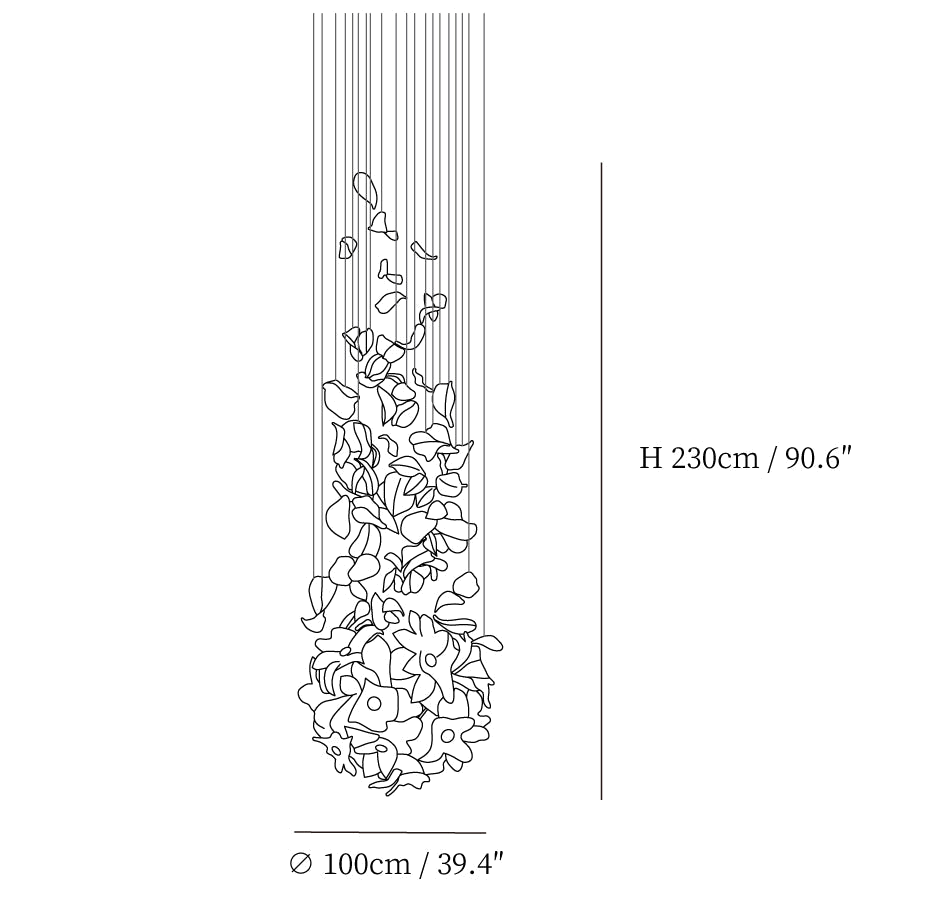 Dimension drawing of this Clérachic chandelier, with its 230 cm height and 100 cm width marked.