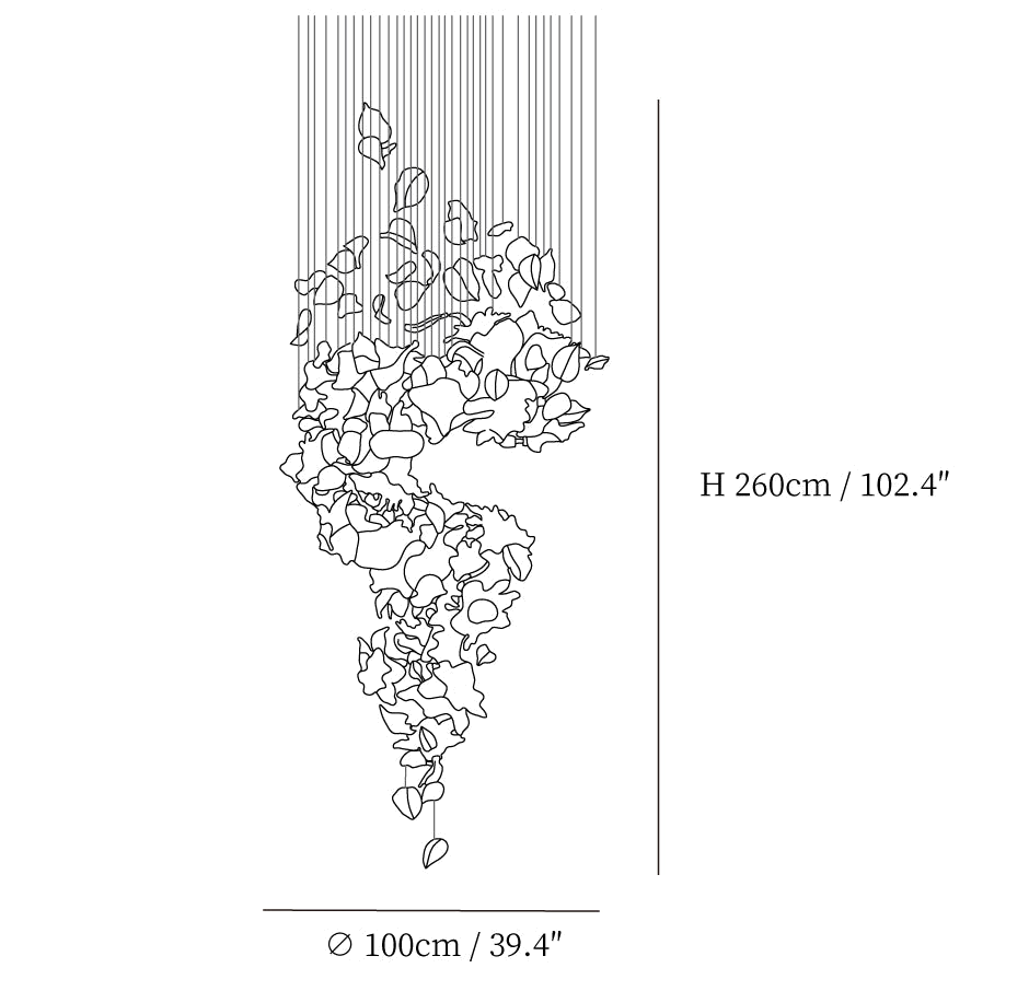 Dimension drawing of this Clérachic chandelier in its twisting form, with its 260 cm height and 100 cm width marked.