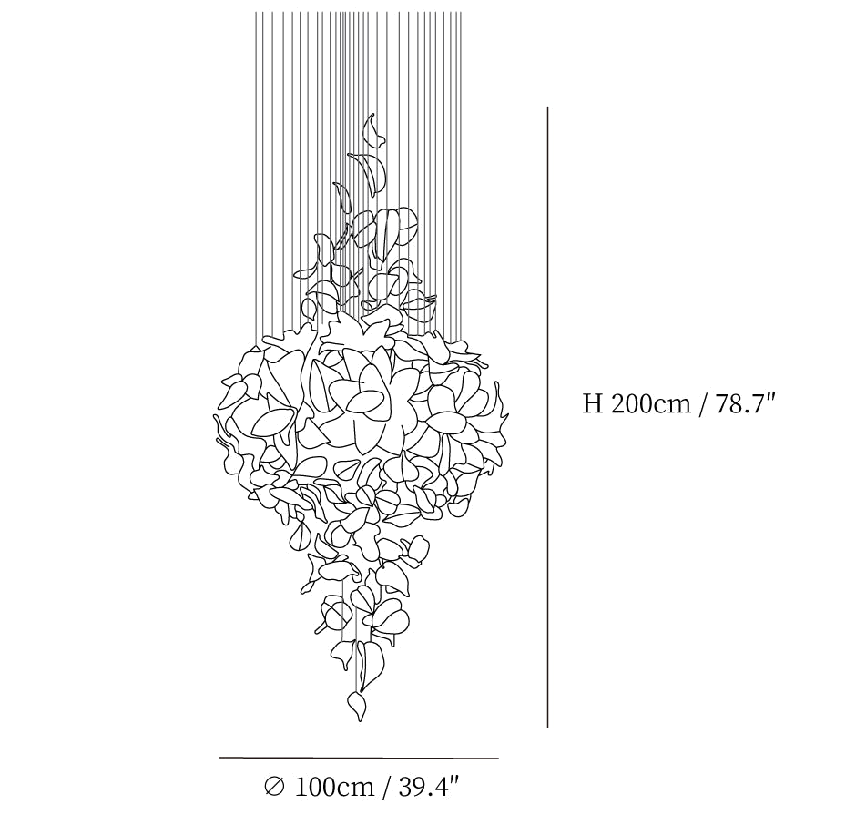 Dimension drawing of this Clérachic chandelier in its rounded form, with its 200 cm height and 100 cm width marked.