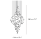Dimension drawing of this Clérachic chandelier in its rounded form, with its 200 cm height and 100 cm width marked.