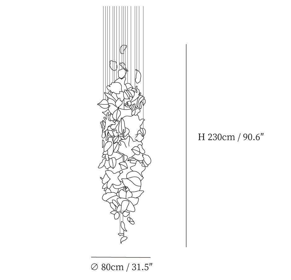 Dimension drawing of this Clérachic chandelier in its slim column form, with its 230 cm height and 80 cm width marked.