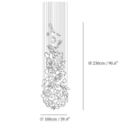 Dimension drawing of this Clérachic chandelier with the petals gathered low, its 230 cm height and 100 cm width marked.