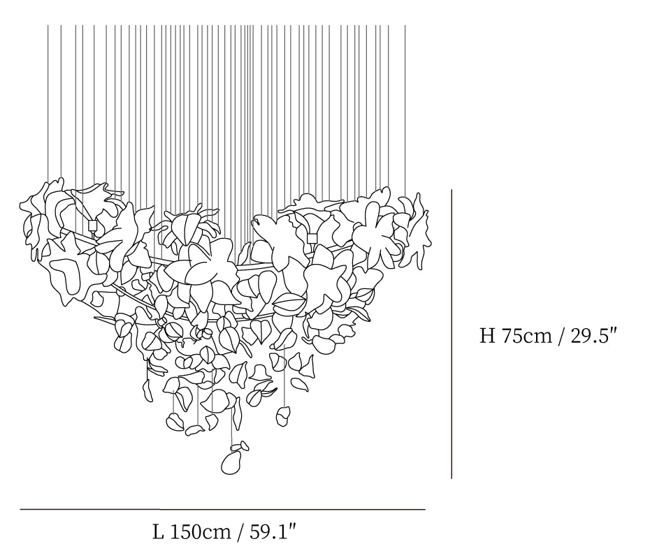 Dimension drawing of this Clérachic chandelier in its wide linear form, with its 75 cm height and 150 cm length marked.