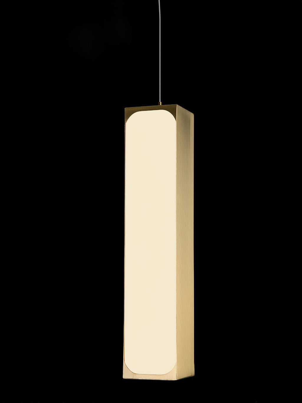 Clérachic Gleam pendant against black, the alabaster column glowing between crisp brushed brass corner rails.