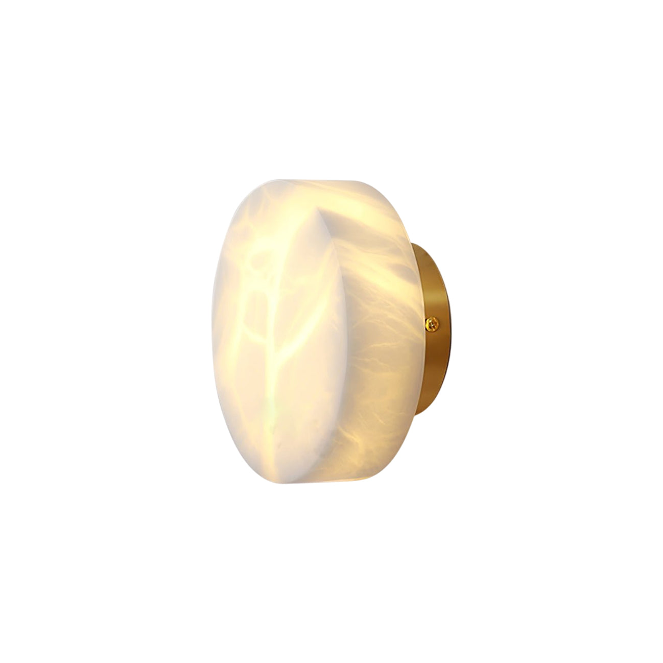 Studio view of the Clérachic Glim Round Alabaster Wall Sconce, brass backplate and lit alabaster drum shown against a plain background.