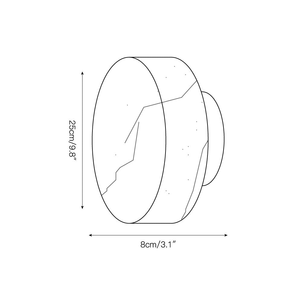 Dimension drawing for the Clérachic Glim Round Alabaster Wall Sconce, 25 cm (9.8″) across and 8 cm (3.1″) deep.