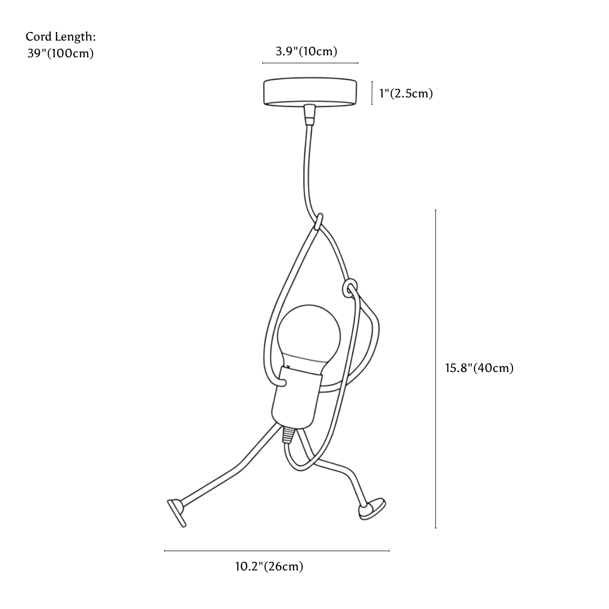 Clérachic pendant light dimension drawing, 1 Head, every measurement marked in centimetres and inches.