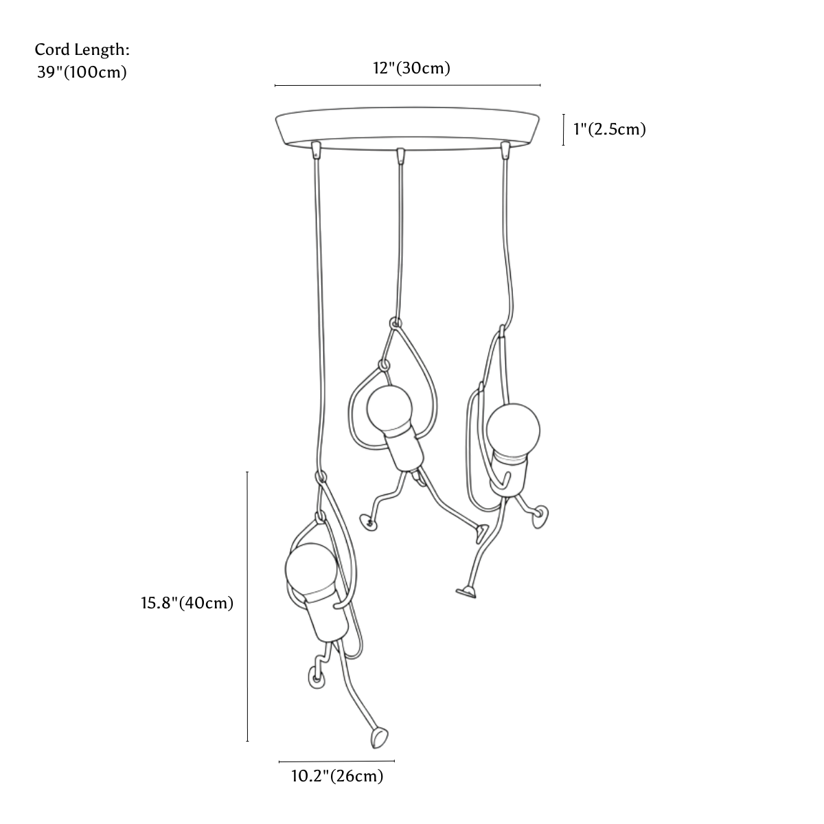 Clérachic pendant light dimension drawing, 3 Heads Round, every measurement marked in centimetres and inches.