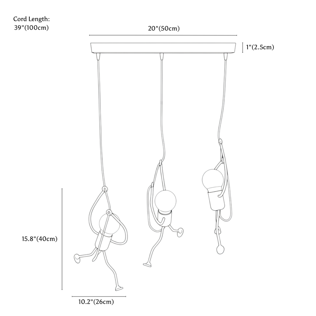 Clérachic pendant light dimension drawing, 3 Heads Linear, every measurement marked in centimetres and inches.