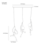 Clérachic pendant light dimension drawing, 3 Heads Linear, every measurement marked in centimetres and inches.