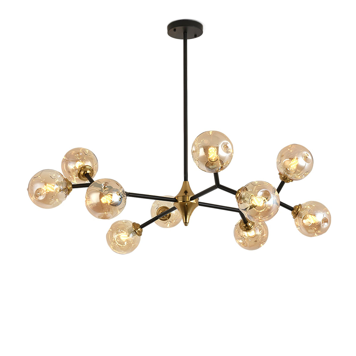 Black-and-gold branched frame of this Clérachic chandelier, set with amber glass globes, against a plain white backdrop.
