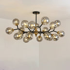The widest smoky grey Clérachic chandelier, its black branches carrying many glass globes across a white ceiling.
