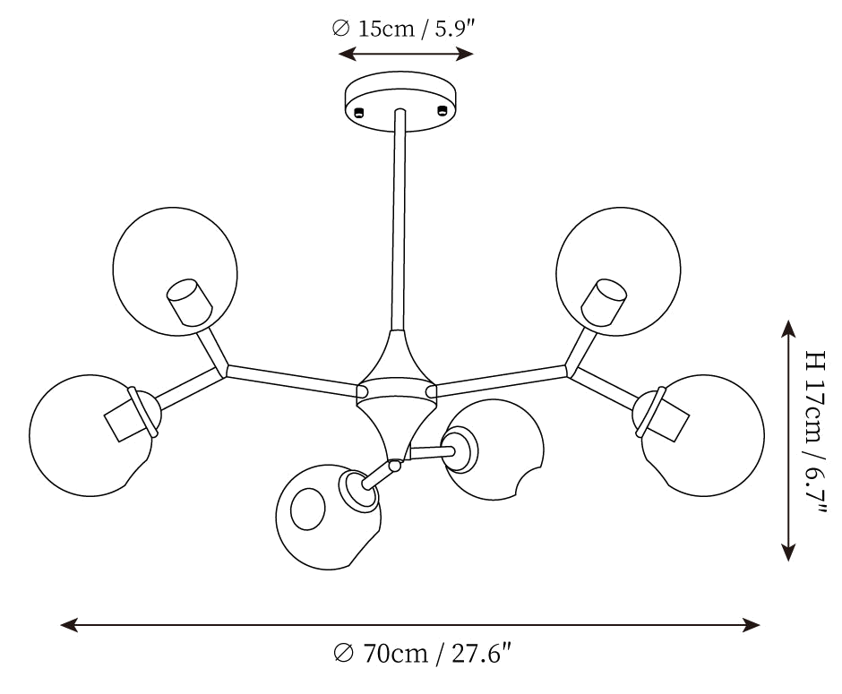 Clérachic chandelier dimension drawing, 1 of 4, every measurement marked in centimetres and inches.