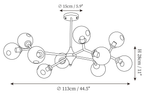 Clérachic chandelier dimension drawing, 2 of 4, every measurement marked in centimetres and inches.