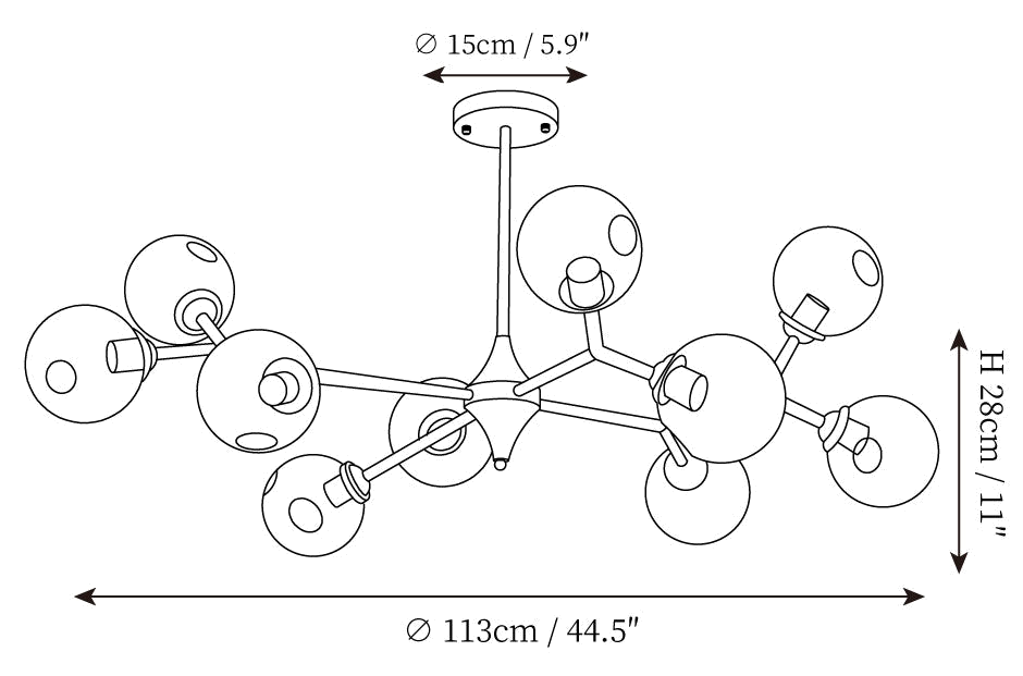 Clérachic chandelier dimension drawing, 2 of 4, every measurement marked in centimetres and inches.