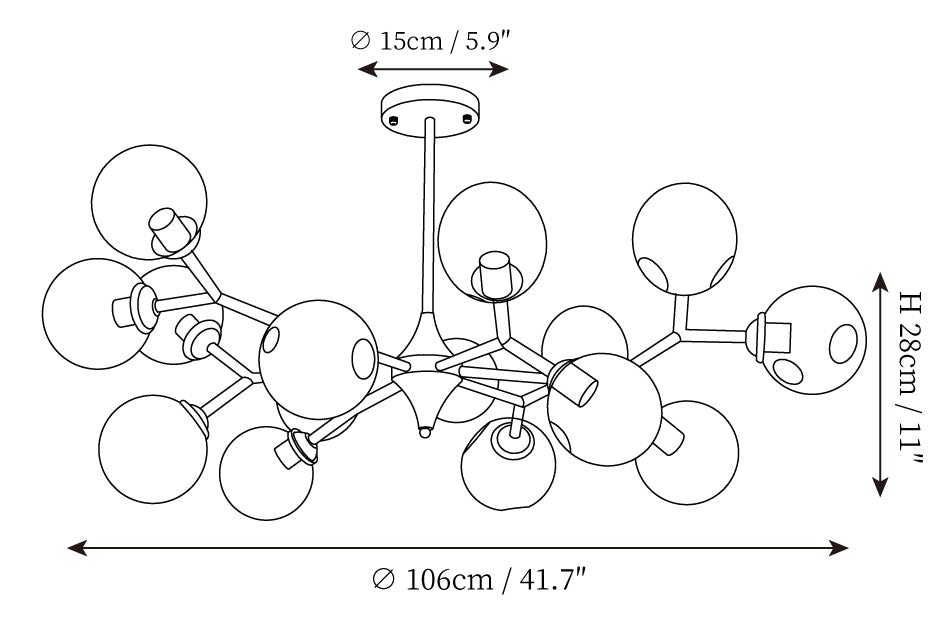 Clérachic chandelier dimension drawing, 3 of 4, every measurement marked in centimetres and inches.