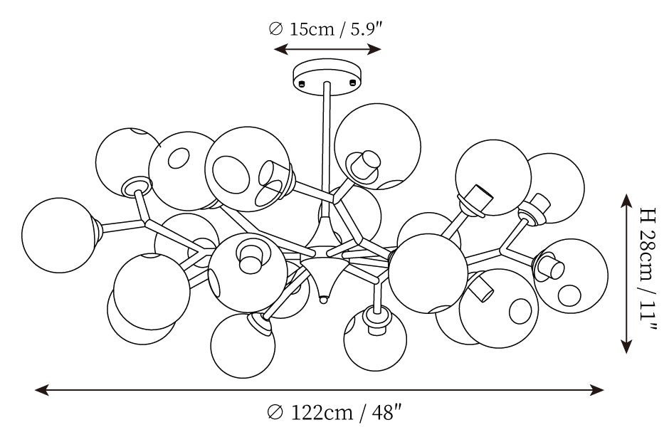 Clérachic chandelier dimension drawing, 4 of 4, every measurement marked in centimetres and inches.