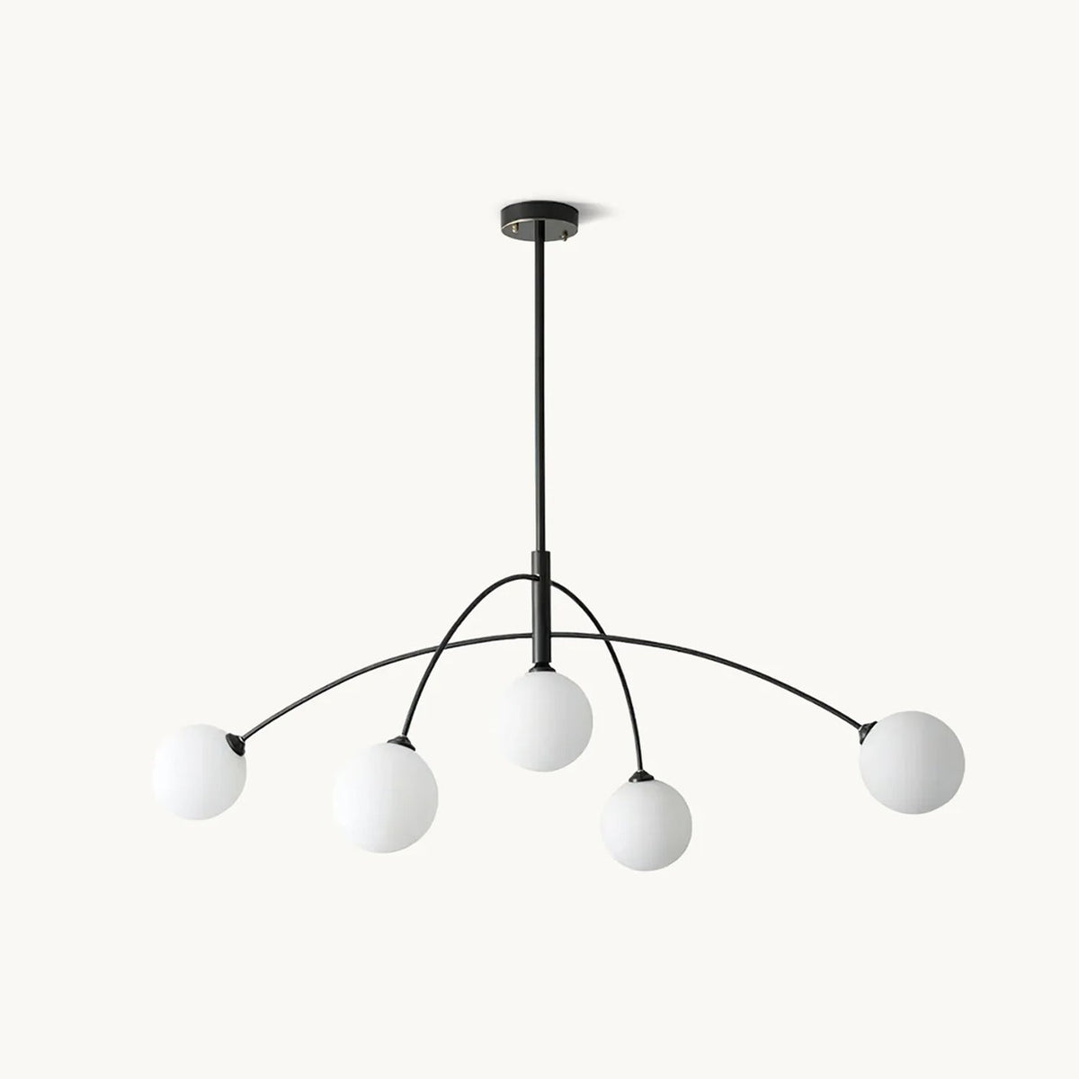 Clérachic five-globe chandelier with a black stem and curved black arms, each carrying a frosted white glass globe, on a plain white backdrop.