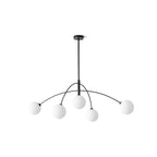 Black and white Clérachic chandelier with five frosted globes, a short black rod and ceiling plate, on a plain white background.