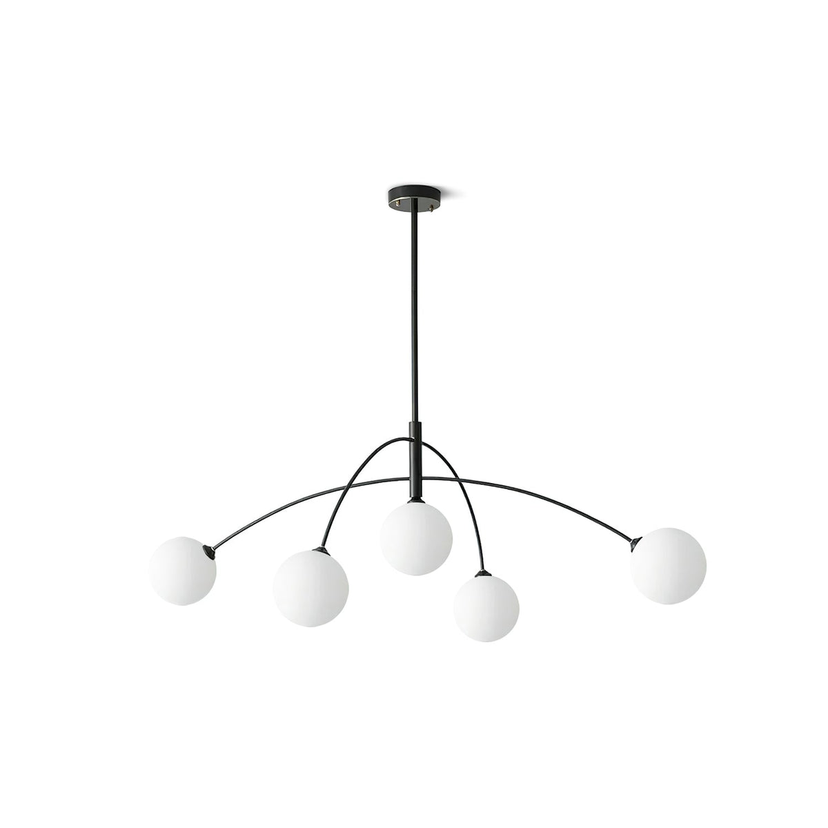 Black and white Clérachic chandelier with five frosted globes, a short black rod and ceiling plate, on a plain white background.