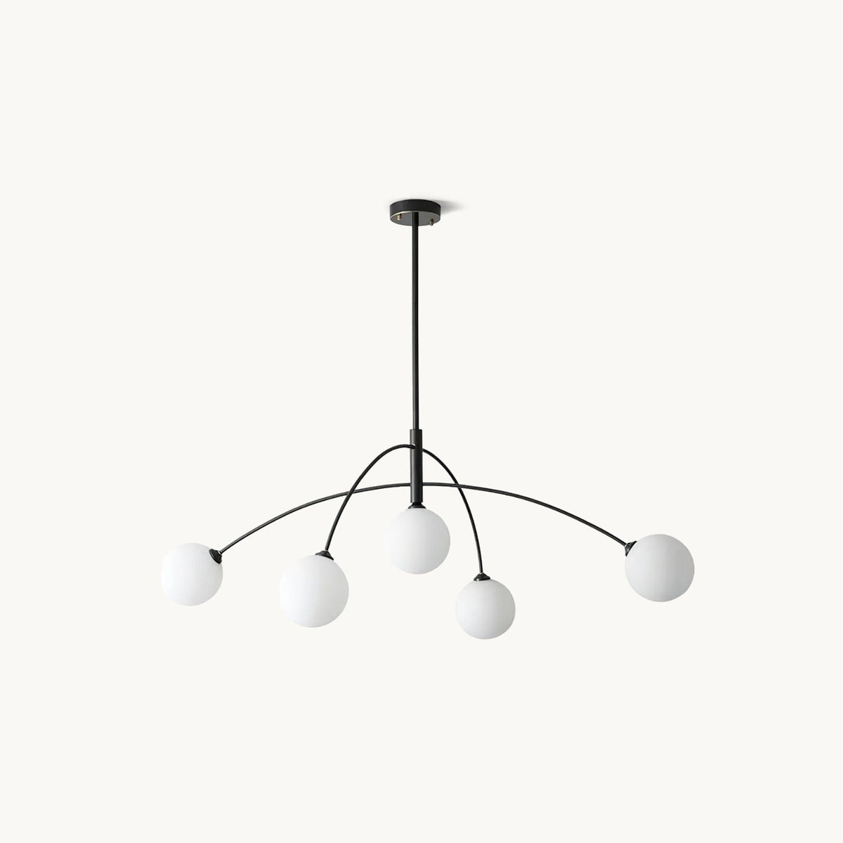 Black and white Clérachic chandelier on a soft cream backdrop, its curved arms holding five white frosted globes.