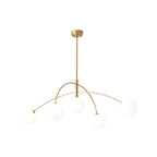 Gold and white Clérachic chandelier with a brass-toned rod and arms, its globes soft against a white background.