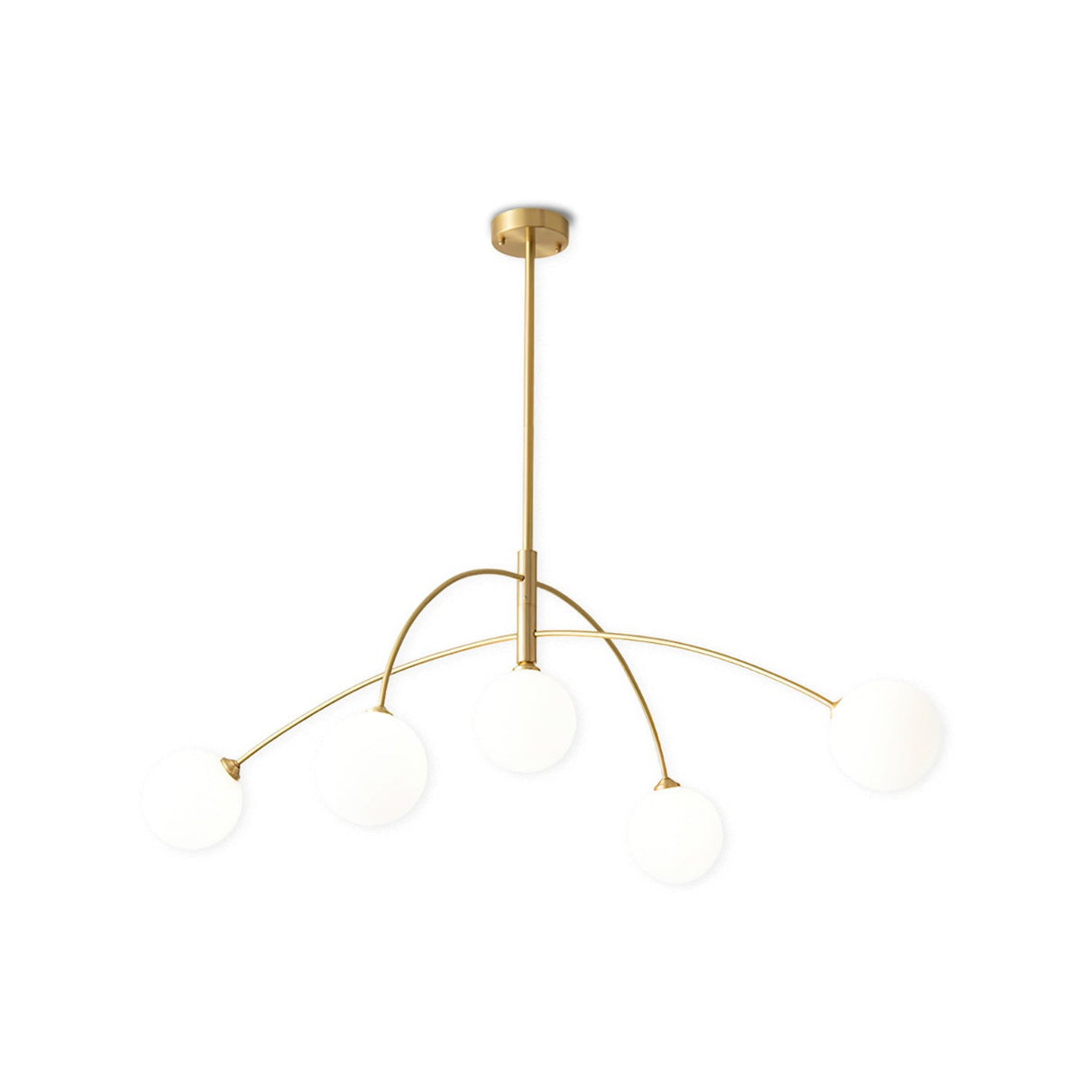 Gold and white Clérachic chandelier with a brass-toned rod and arms, its globes soft against a white background.