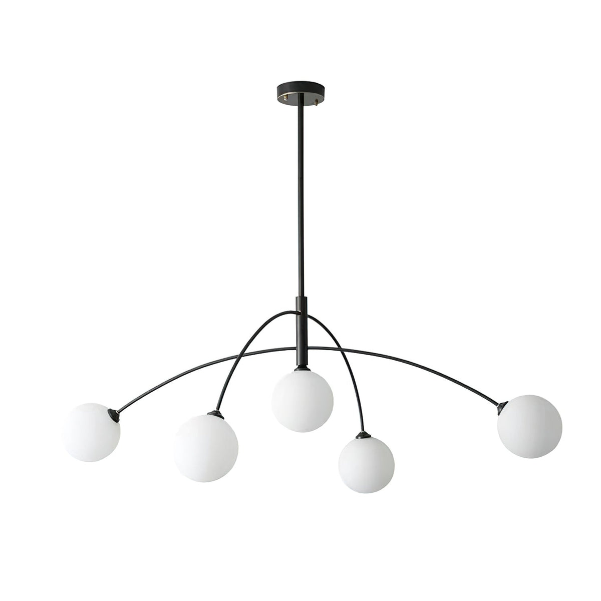 Black and white Clérachic chandelier on a white background, with five globes hanging below the swept black arms.