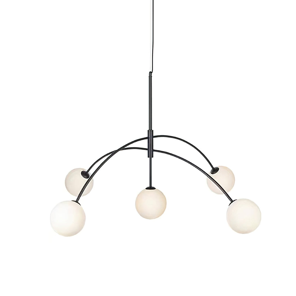 Black Clérachic chandelier on a white backdrop, its arms arching up and over so the five globes sit at different heights.