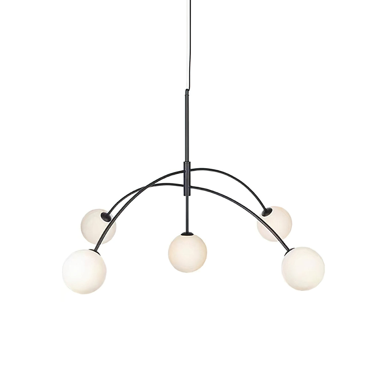 Black Clérachic chandelier on a white backdrop, its arms arching up and over so the five globes sit at different heights.
