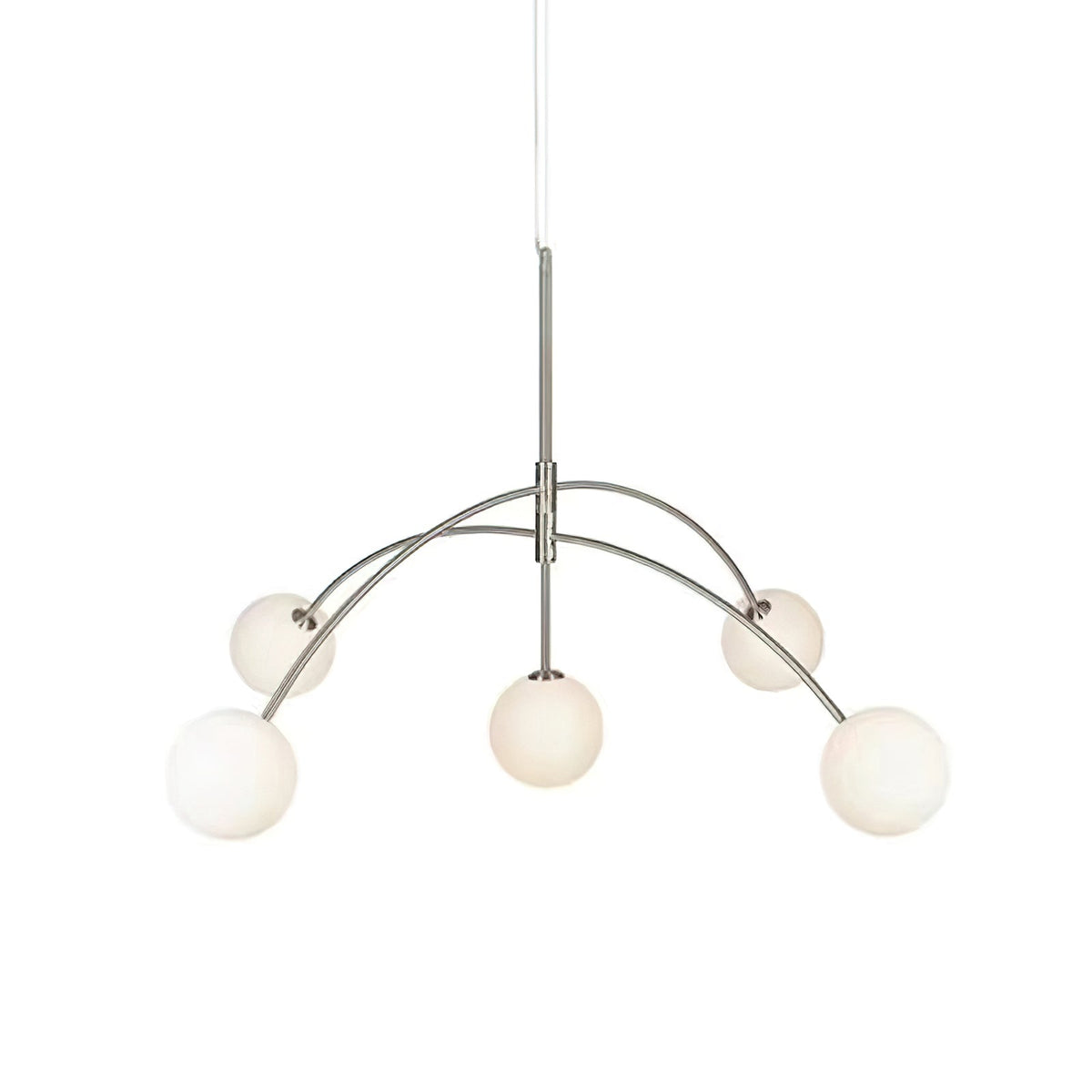 Chrome Clérachic chandelier on a white backdrop, with a slender rod and globes that glow softly in a warm cream tone.