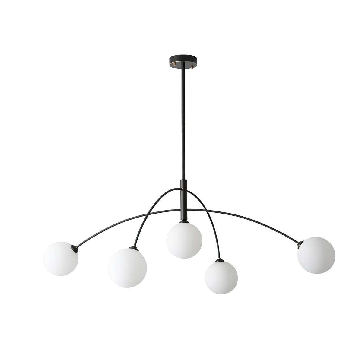 Black and white Clérachic chandelier on a pale background, with the arms curved over to hold five lit globes.