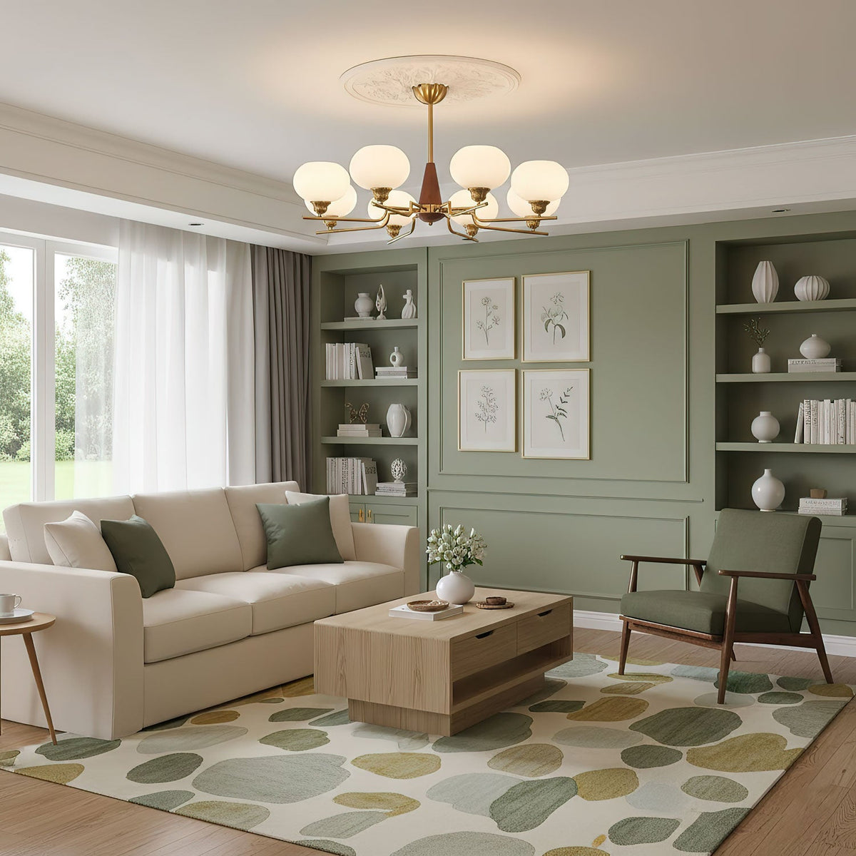 This Clérachic chandelier lights a sage-green living room with built-in shelves, a cream sofa and a green armchair.