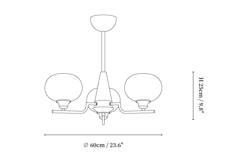 Dimension drawing of the 3-light Clérachic chandelier, with its height and width marked.