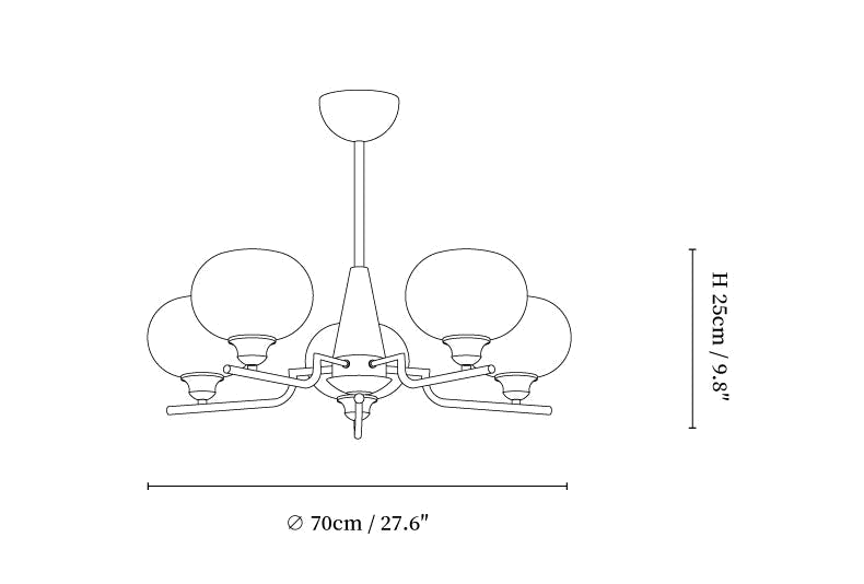 Dimension drawing of the 5-light Clérachic chandelier, with its height and width marked.