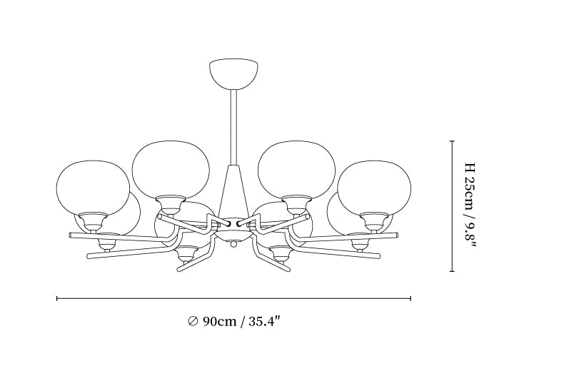 Dimension drawing of the 8-light Clérachic chandelier, with its height and width marked.