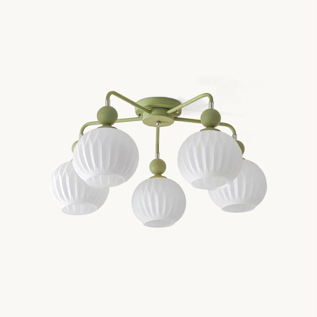 Green flush-mount ceiling light from Clérachic on a plain white backdrop, with five ribbed frosted globes on curved arms ending in green balls.