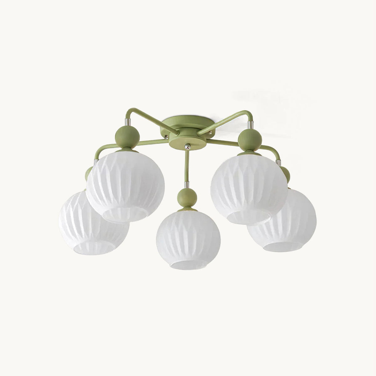 Green flush-mount ceiling light from Clérachic on a plain white backdrop, with five ribbed frosted globes on curved arms ending in green balls.