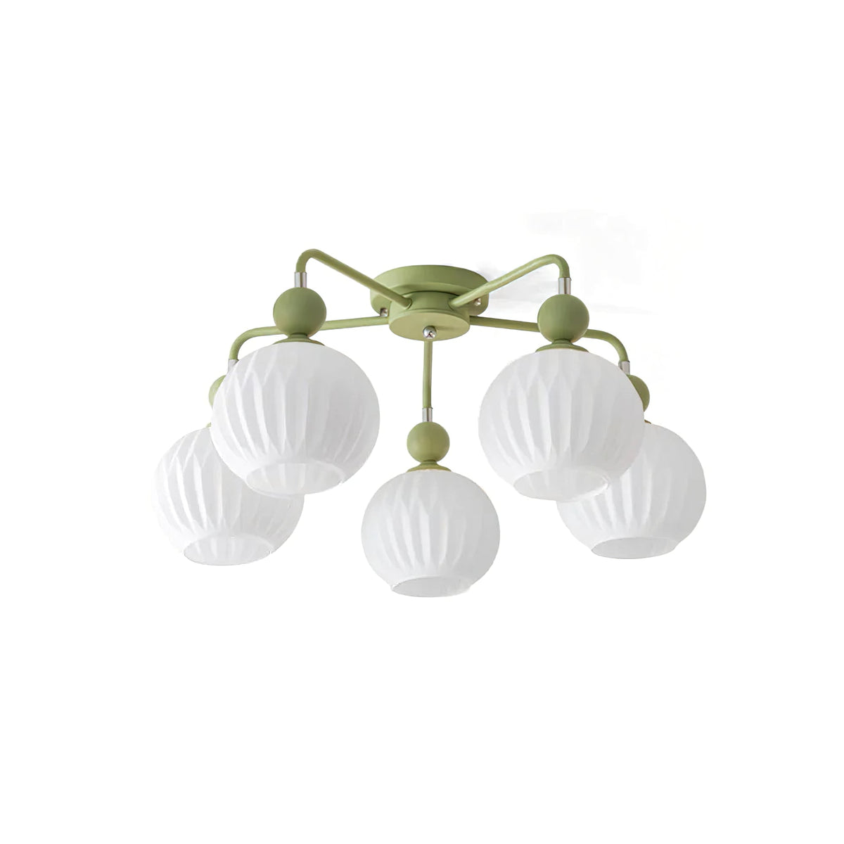Five-globe green Clérachic ceiling light on white, showing the ribbed glass and the green wooden-look balls on each arm.