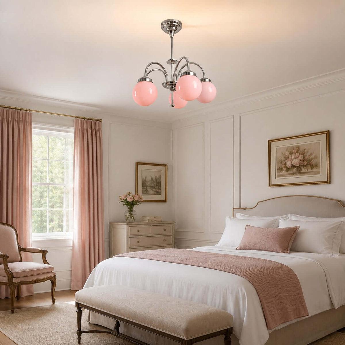 Pink globe glass Clérachic chandelier hanging in a pale bedroom with rose curtains and a white bed with a blush throw.