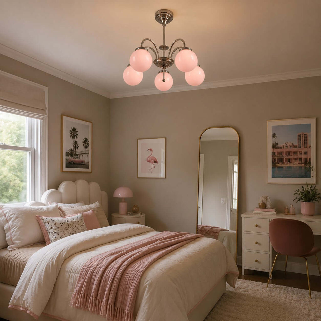 This Clérachic chandelier with pink globes lit above a bed with a scalloped headboard, in a taupe room with framed prints.