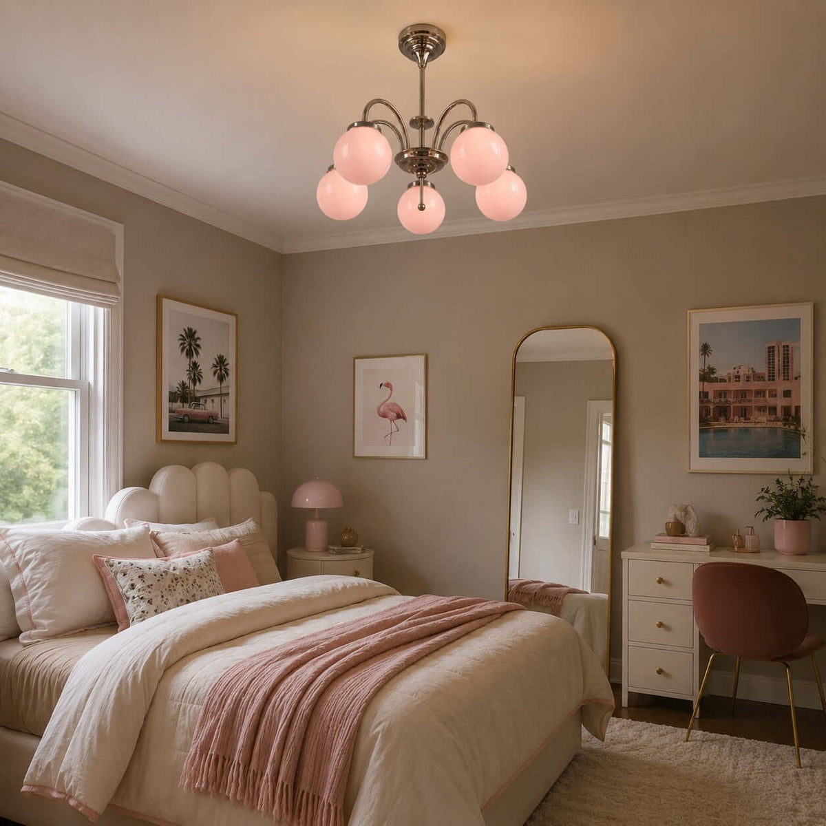 This Clérachic chandelier with pink globes lit above a bed with a scalloped headboard, in a taupe room with framed prints.